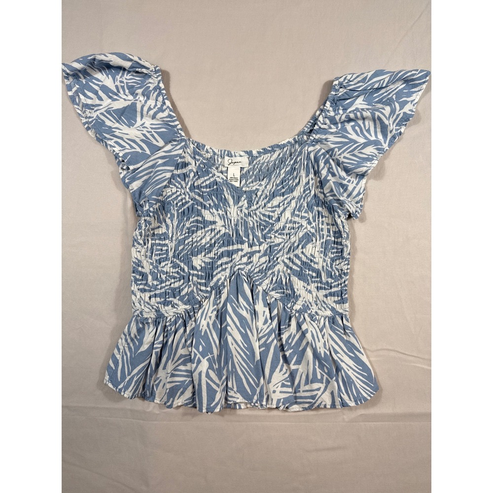 Japna Blue White Tropical Palm Print Smocked Peplum Top Flutter Sleeve Large